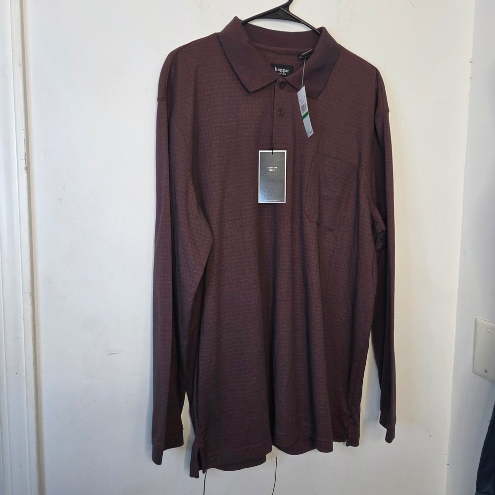 Haggar Mens Long Sleeve Polo Shirt‎ Eggplant Purple Textured W2W Large NWT